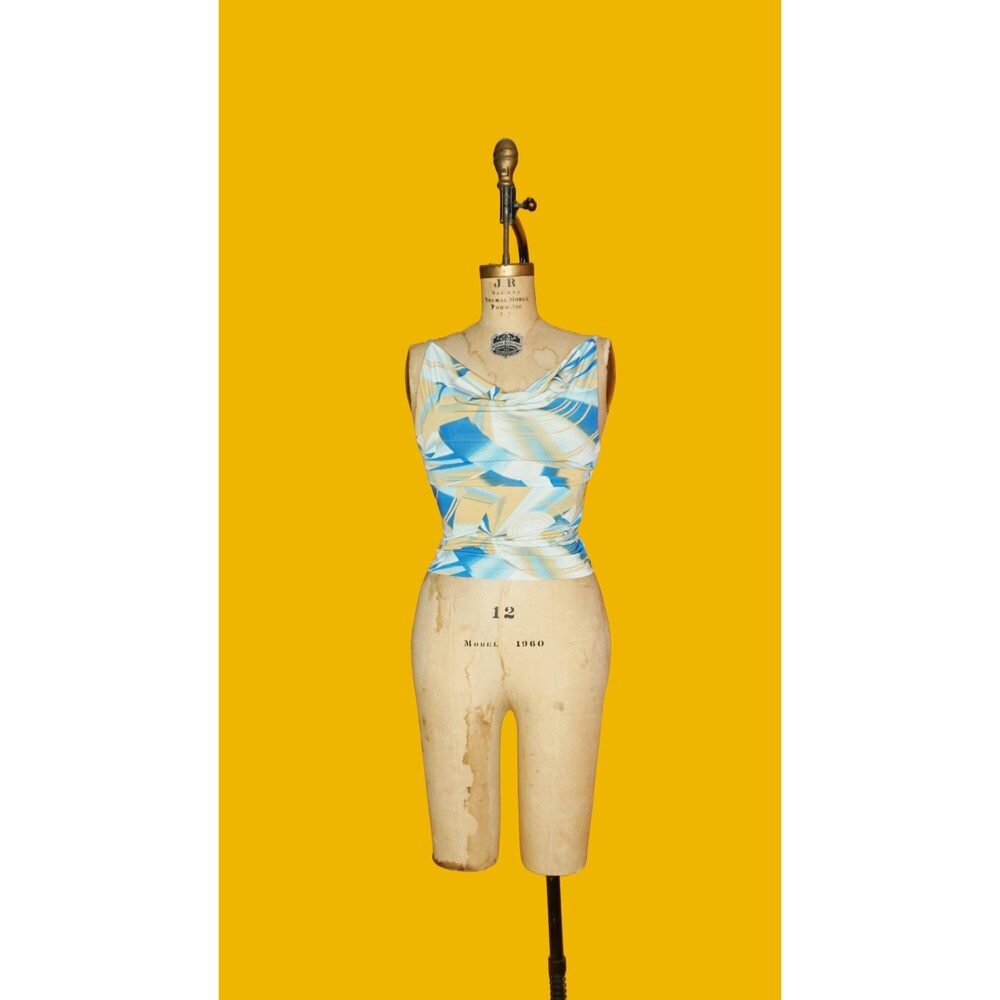 1990s-Y2K FORMULA X ABSTRACT Blue & Brown COWL Neck Blouse. XS-S. AS IS